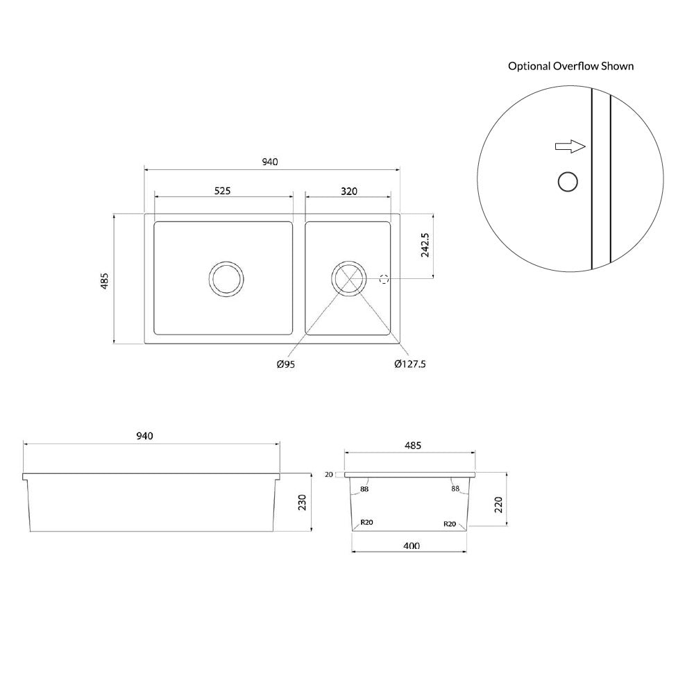 Technical dimension drawing of a double basin kitchen sink with measurements, an optional overflow inset, and line drawings showing front, side, and top views on a white background.