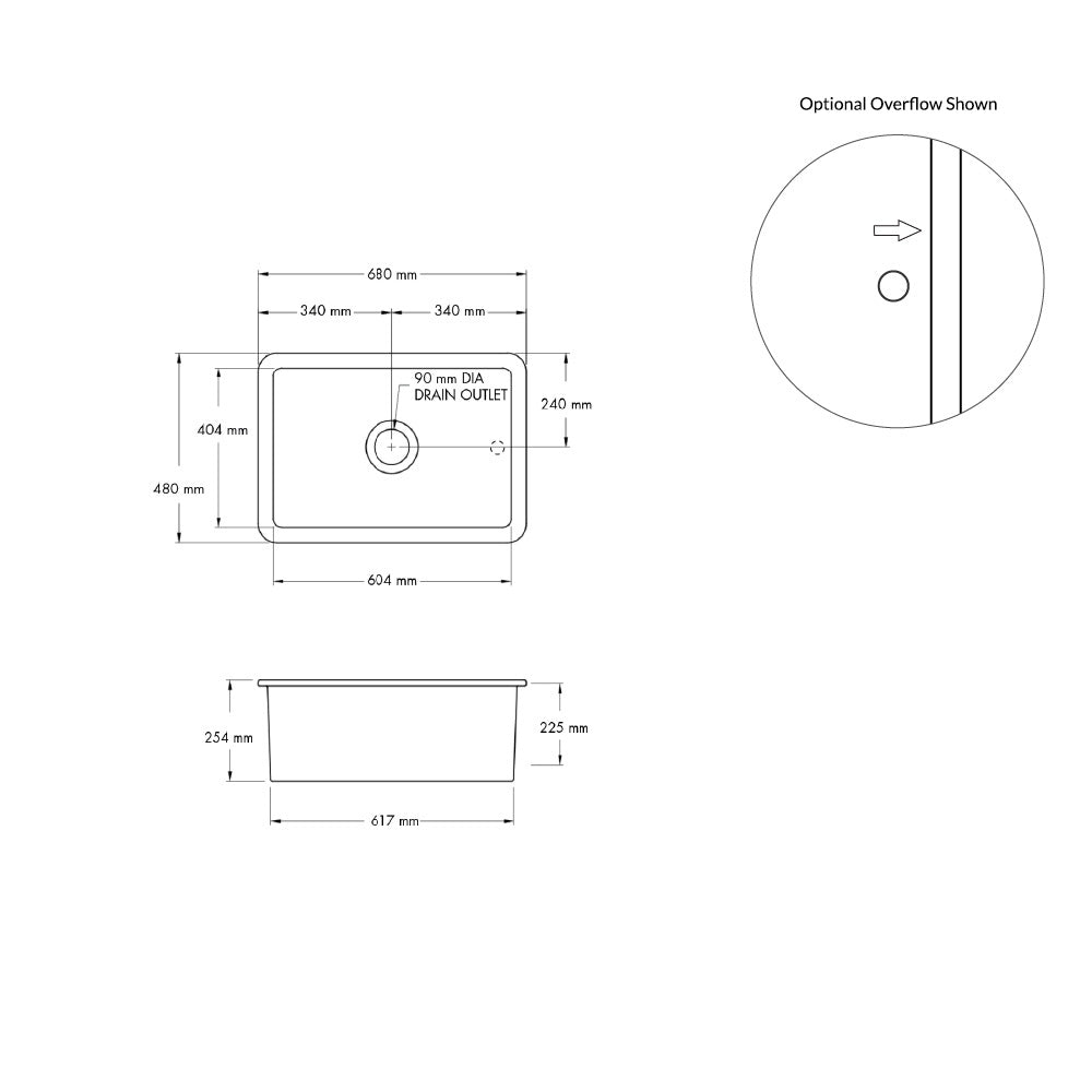 Technical dimension drawing of a rectangular sink with front and side views, including measurements and an optional overflow inset on a white background.