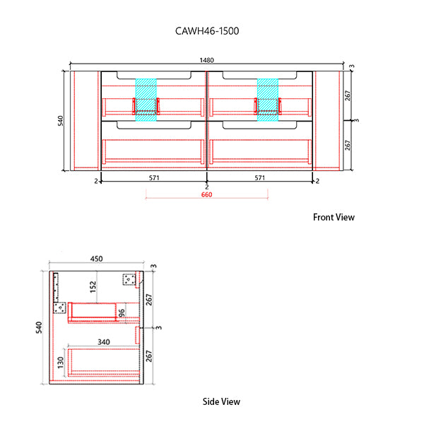 Technical drawing of a kitchen cabinet with dimensions labeled