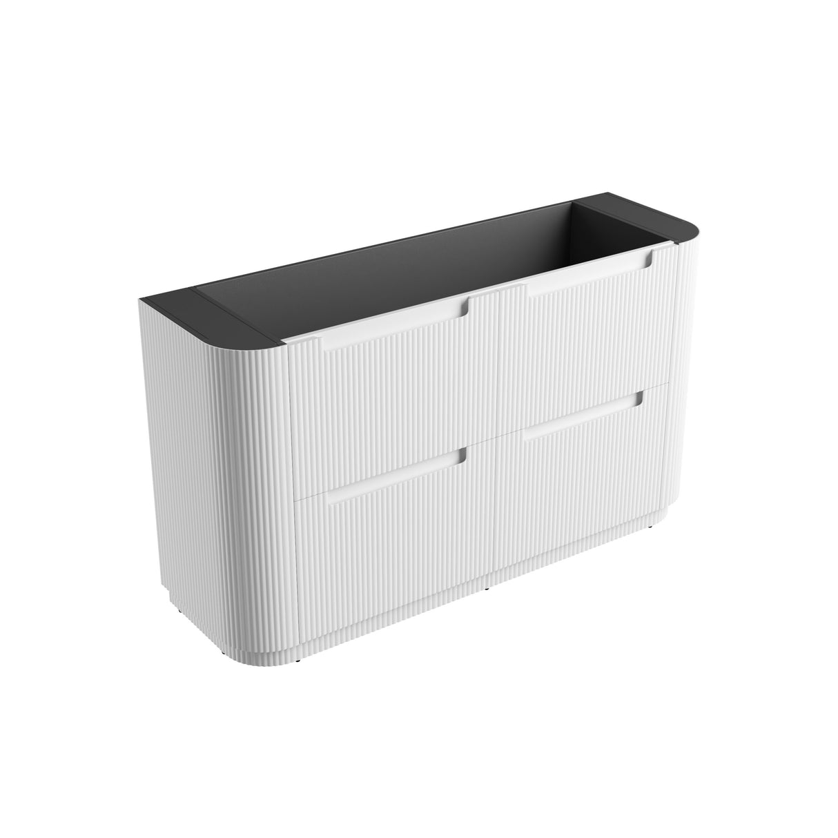 White wall-mounted cabinet with black top on a white background