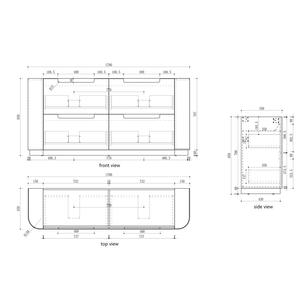 Technical drawing with dimensions of a product layout
