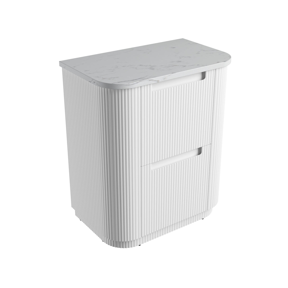 White cabinet with marble-like top on a white background