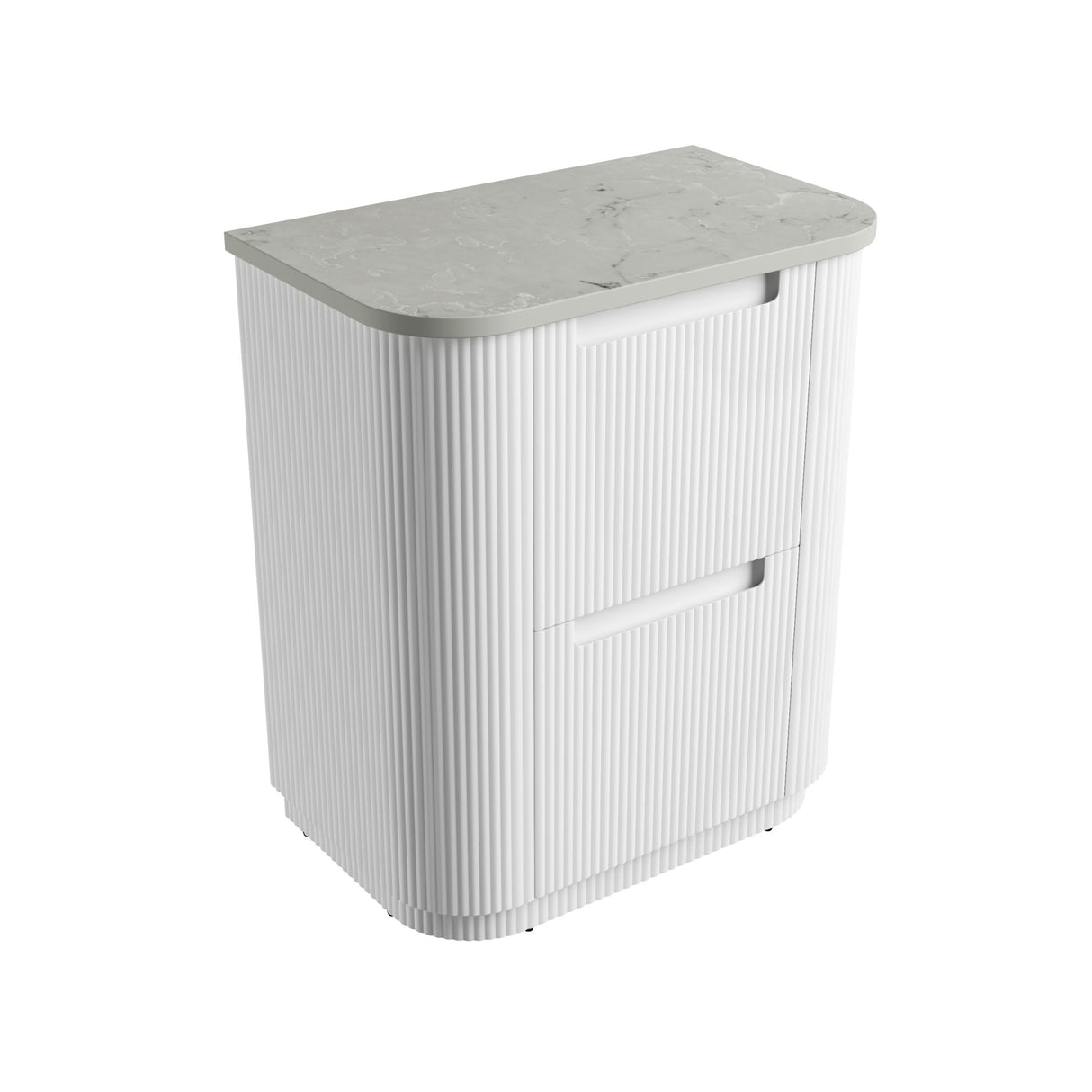 White cabinet with a gray marble top on a white background