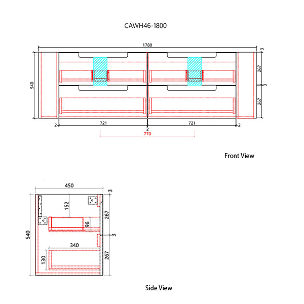 Technical drawing of a product with dimensions labeled