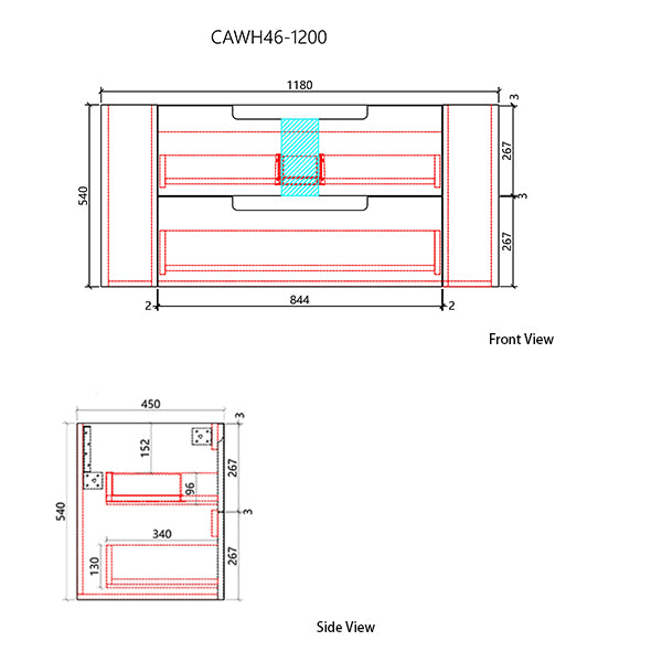 Technical drawing of a product with dimensions labeled