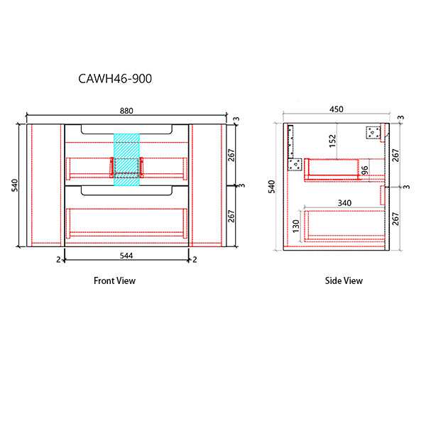 Technical drawing of a bathroom vanity with dimensions labeled