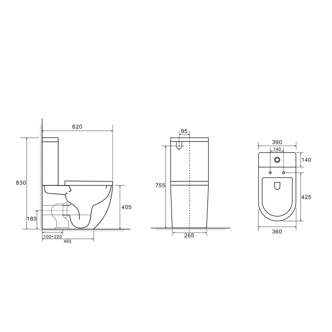 Technical drawing of a toilet with dimensions labeled