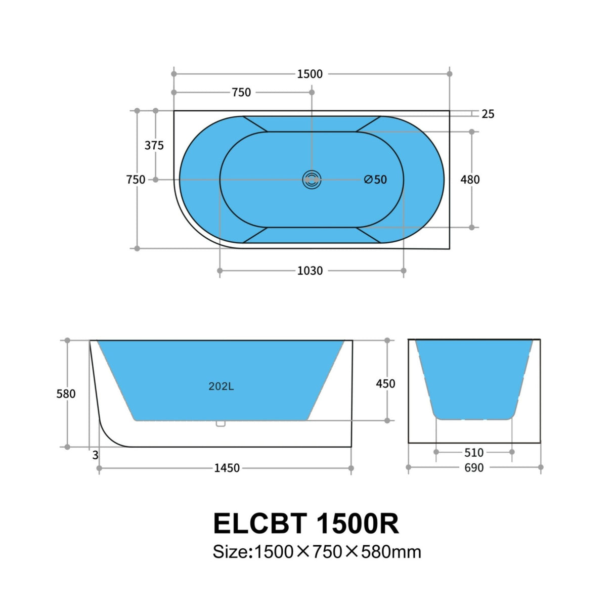 Technical drawing of an oval bathtub with dimensions labeled