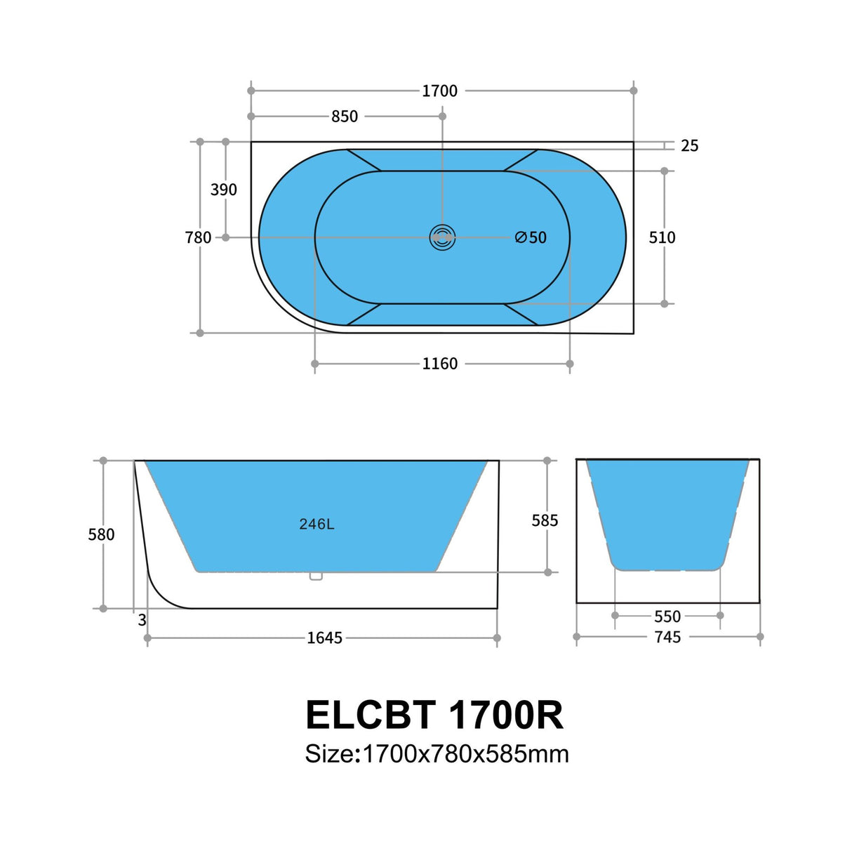 Technical drawing of a oval bathtub with dimensions labeled