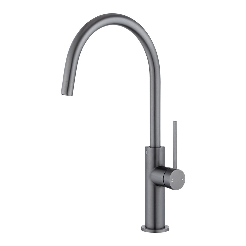 Modern kitchen faucet with curved design on a white background