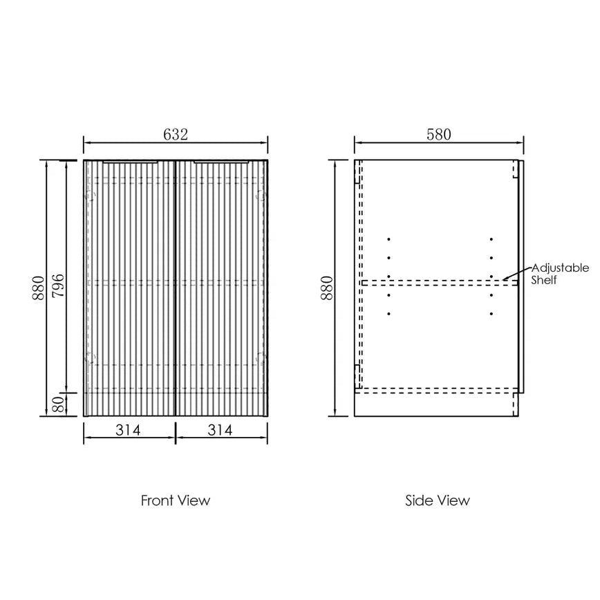 Technical drawings of a cabinet with dimensions labeled
