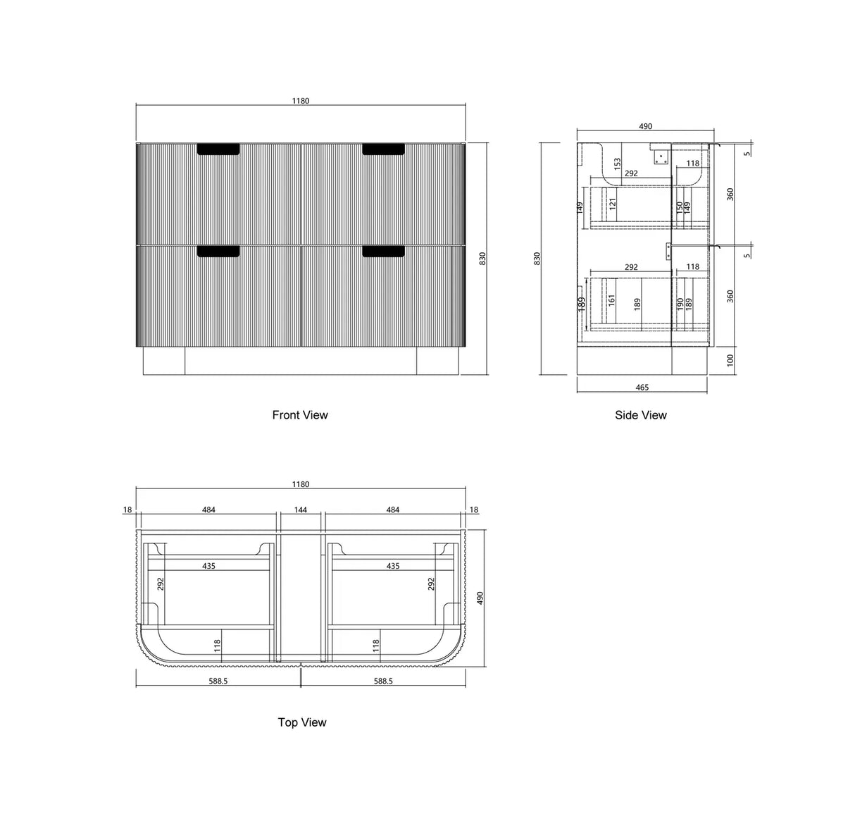 Technical dimension drawing of a two-door cabinet or drawer unit, showing front, side, and top views with measurements on a white background.