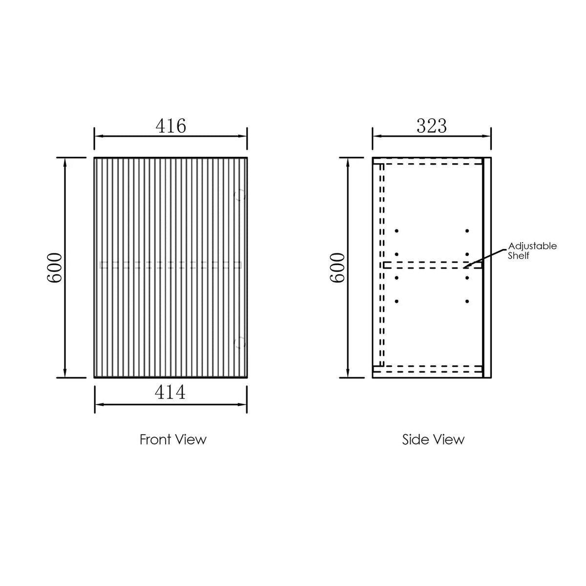 Dimensions of a rectangular cabinet shown from front and side views.