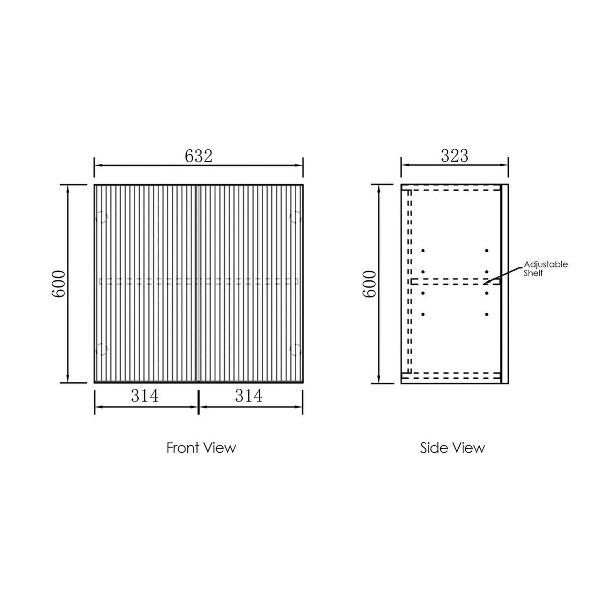 Technical drawing of a rectangular cabinet with dimensions labeled for front and side views.