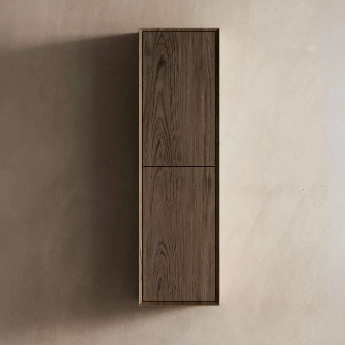 Wooden cabinet with a dark finish on a beige wall