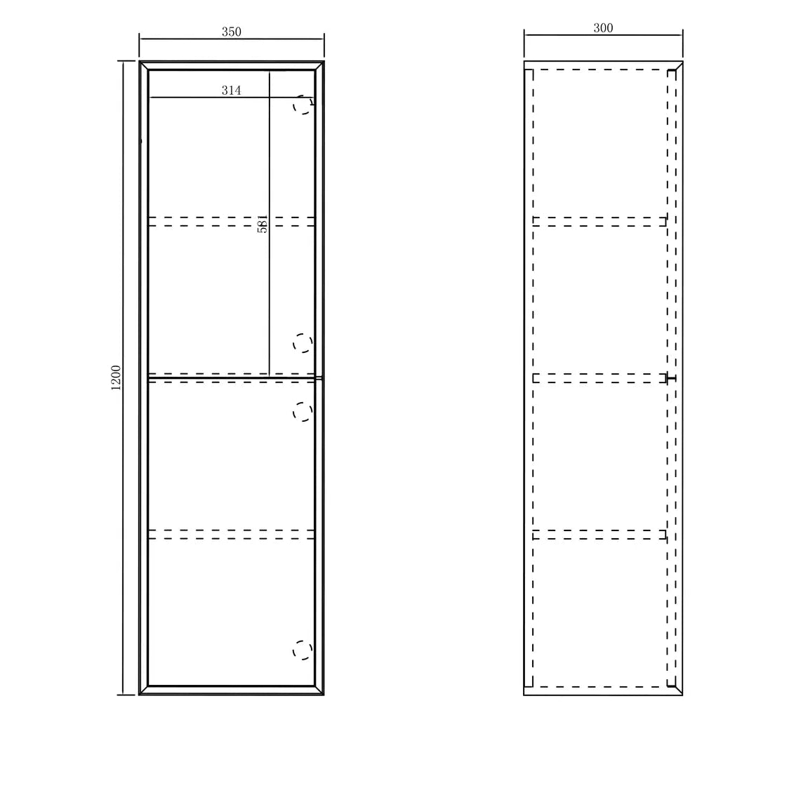 Technical drawing of a rectangular cabinet with dimensions