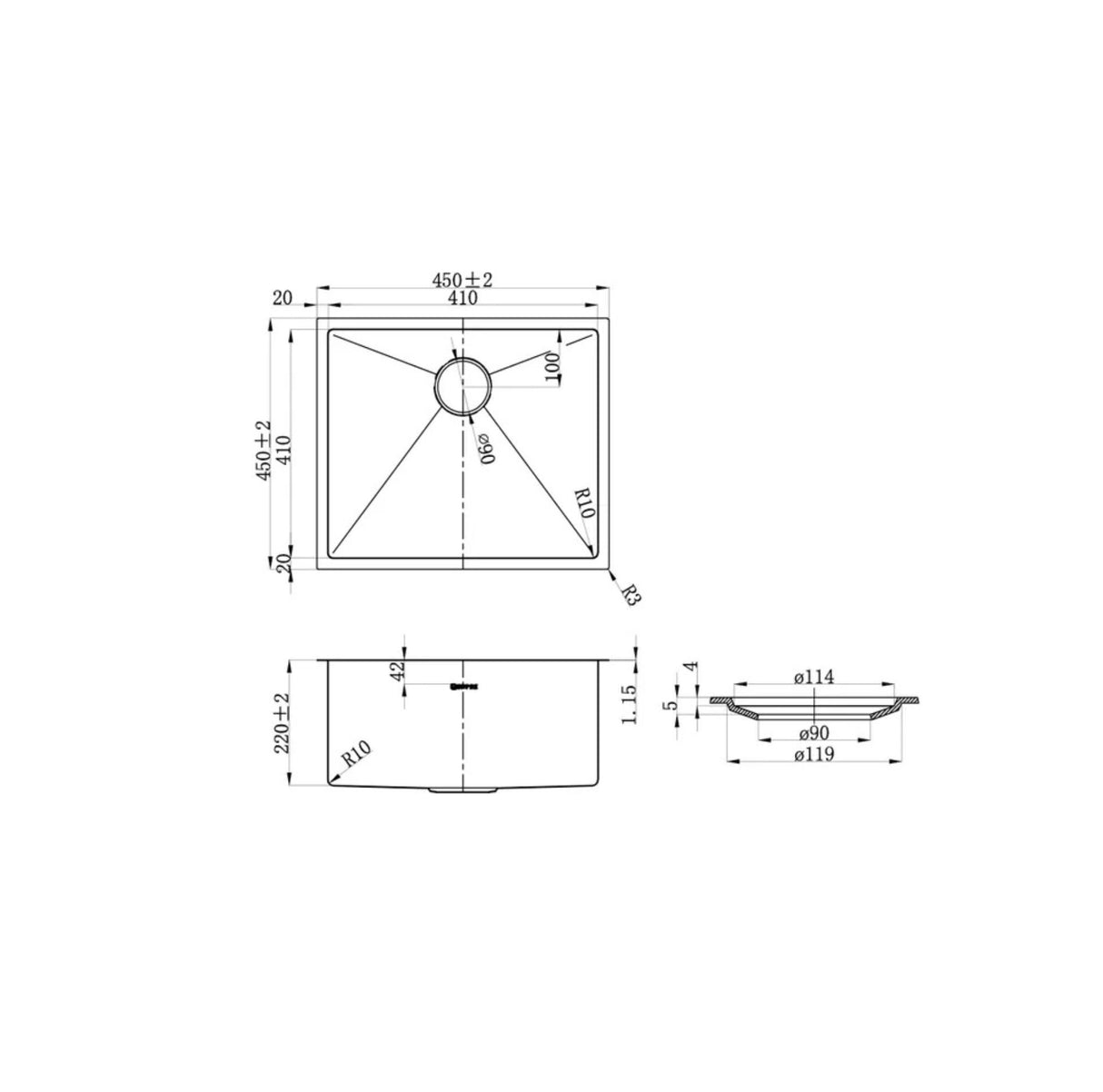 Axon 450x450x220mm Single Bowl Drawing