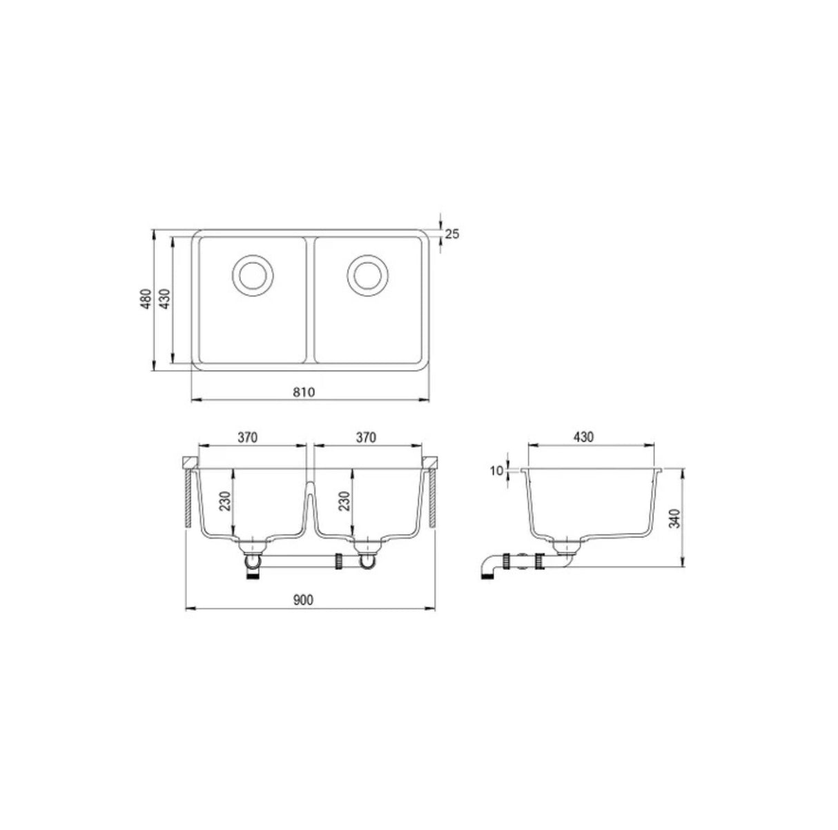 Viva 810×480× 230mm Double Bowl Granite Sink Drawing