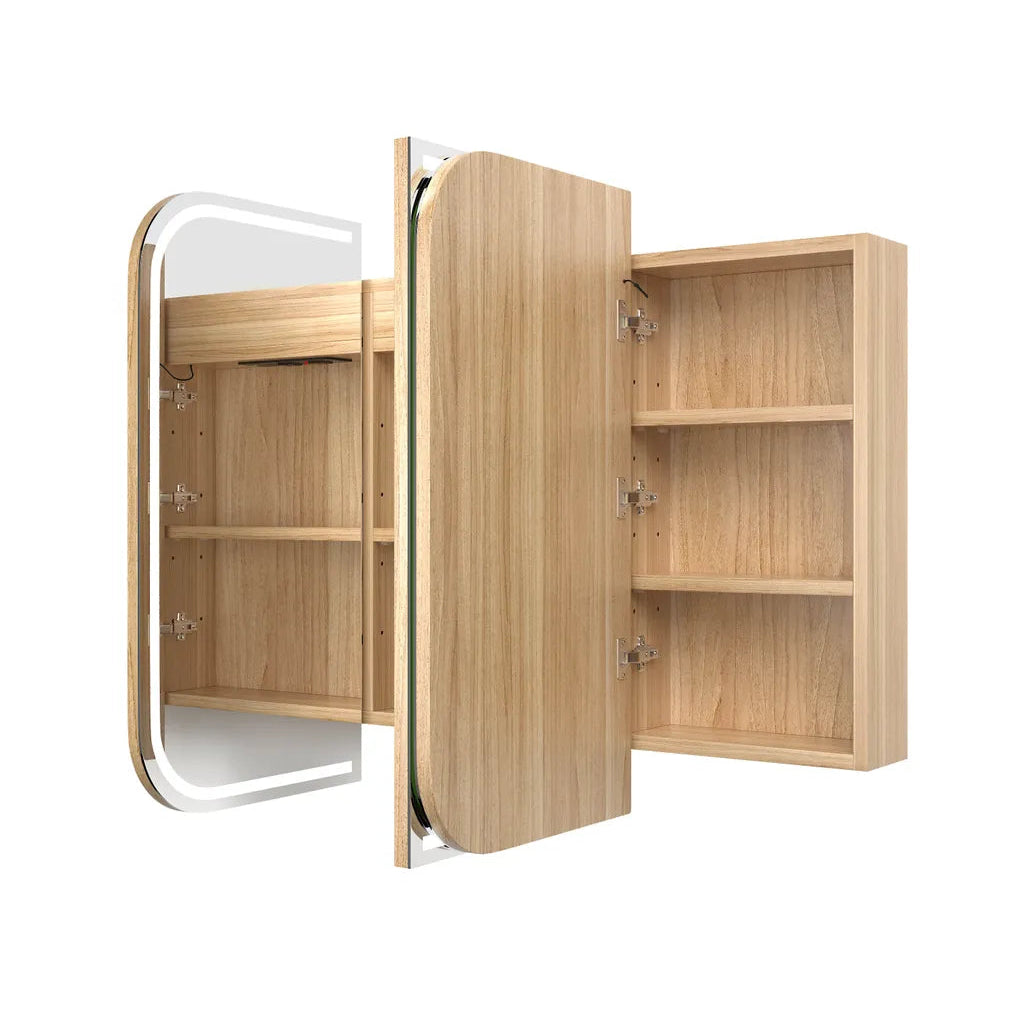 Wooden medicine cabinet with mirror on a white background