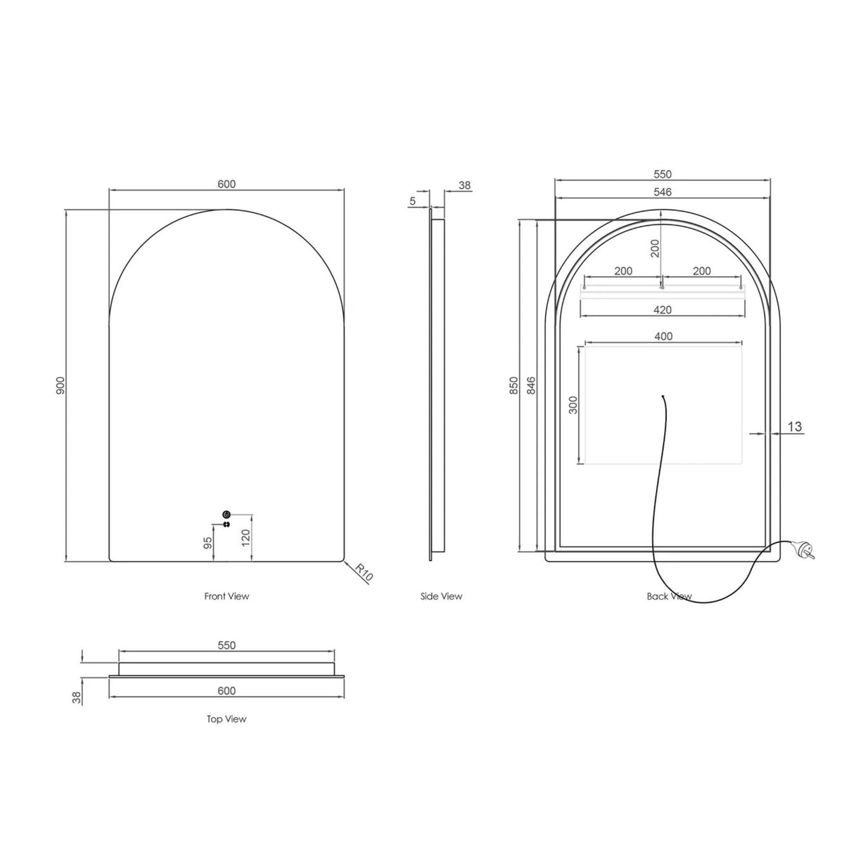 Technical drawing of a rectangular arch with dimensions labeled