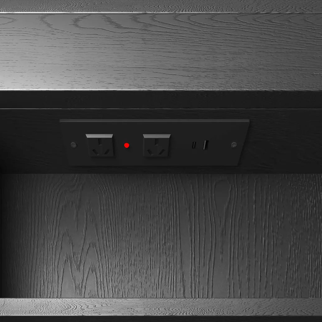 Wooden cabinet with electrical outlets and a red light indicator.
