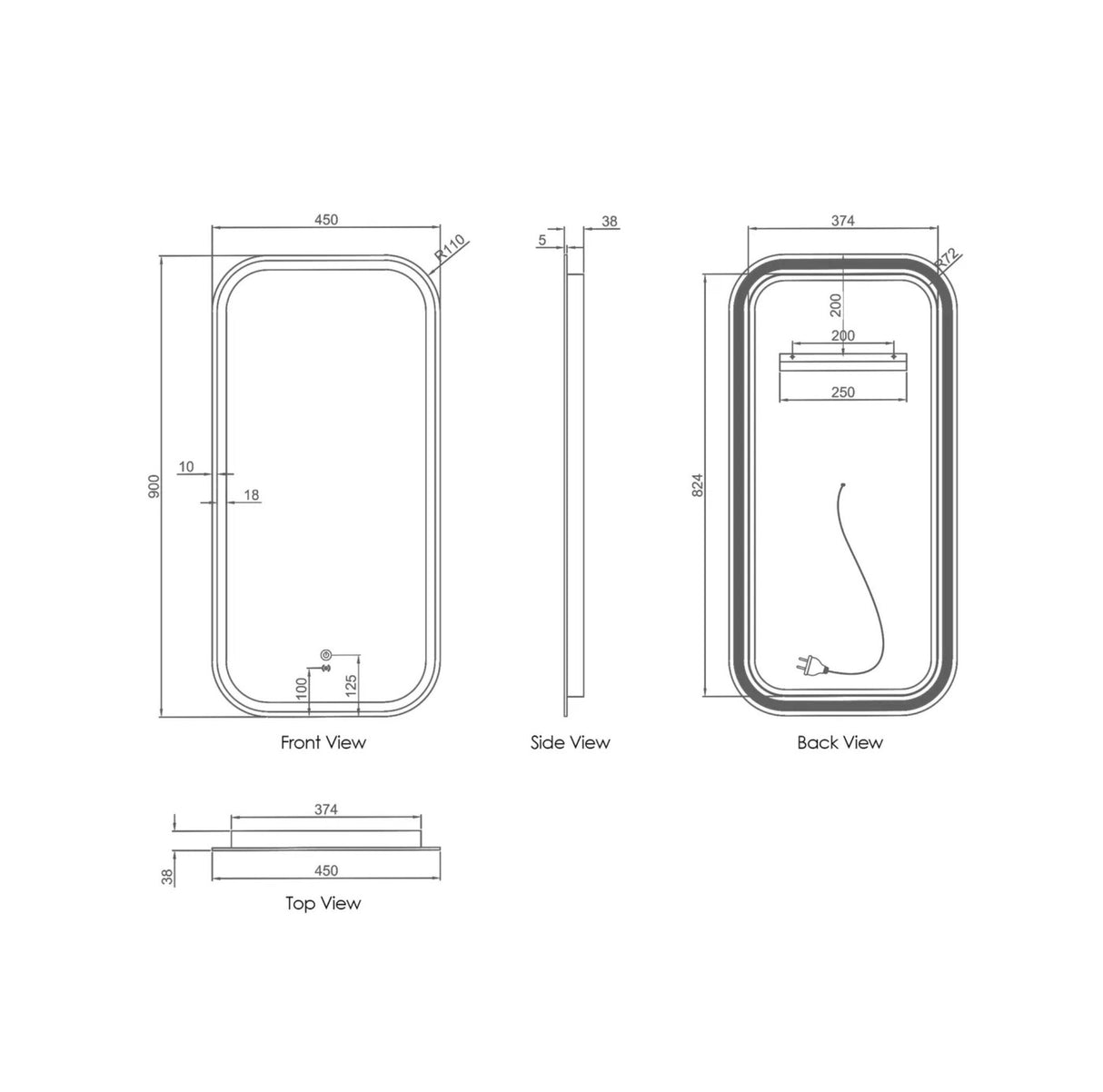 Technical drawing of a rectangular mirror with dimensions labeled