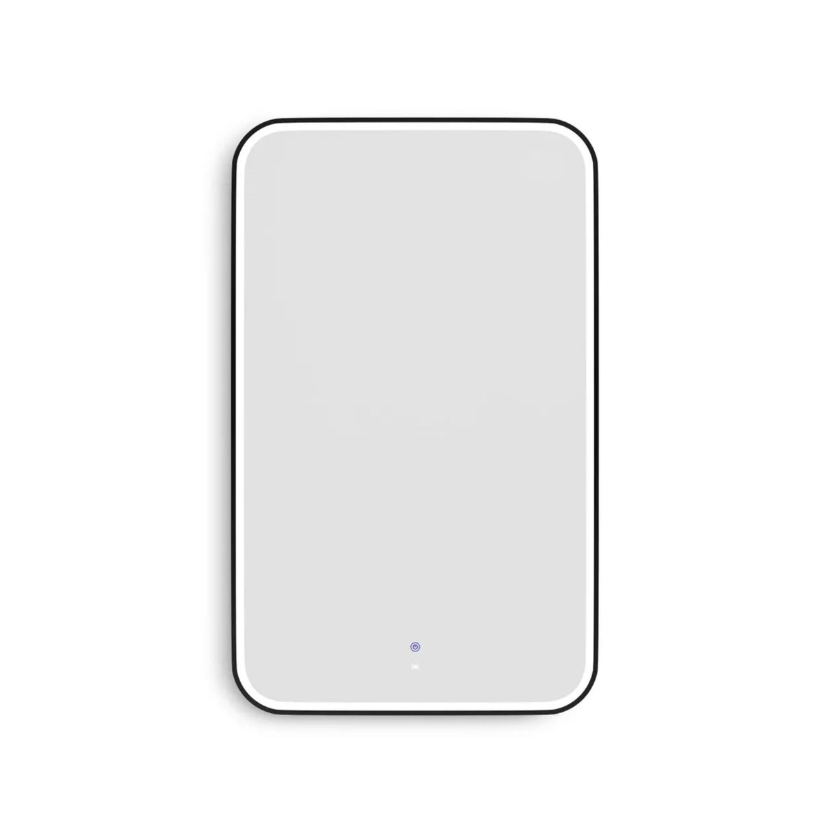 Rectangular mirror with a small blue light on a white background