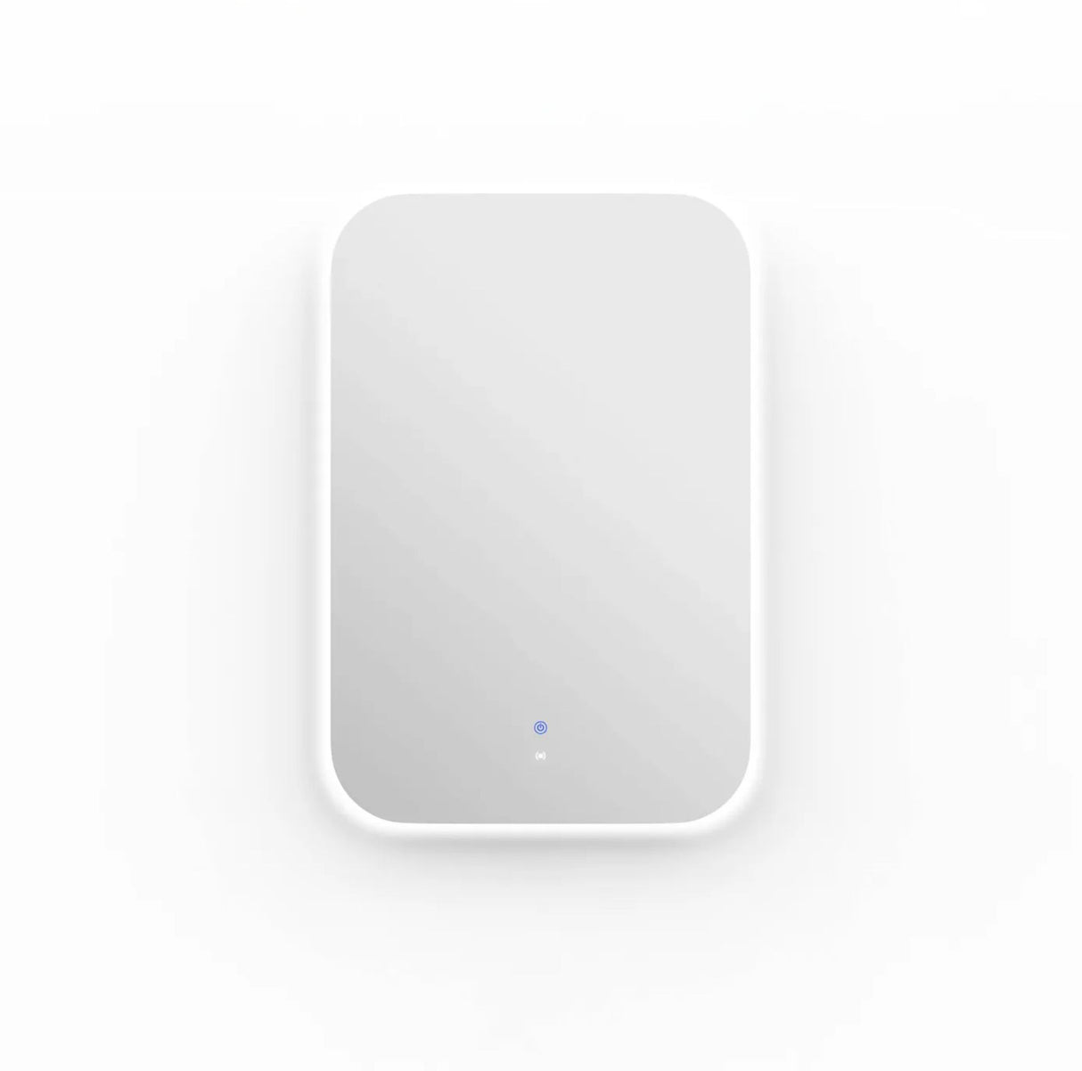 White square device with a blue light on a white background