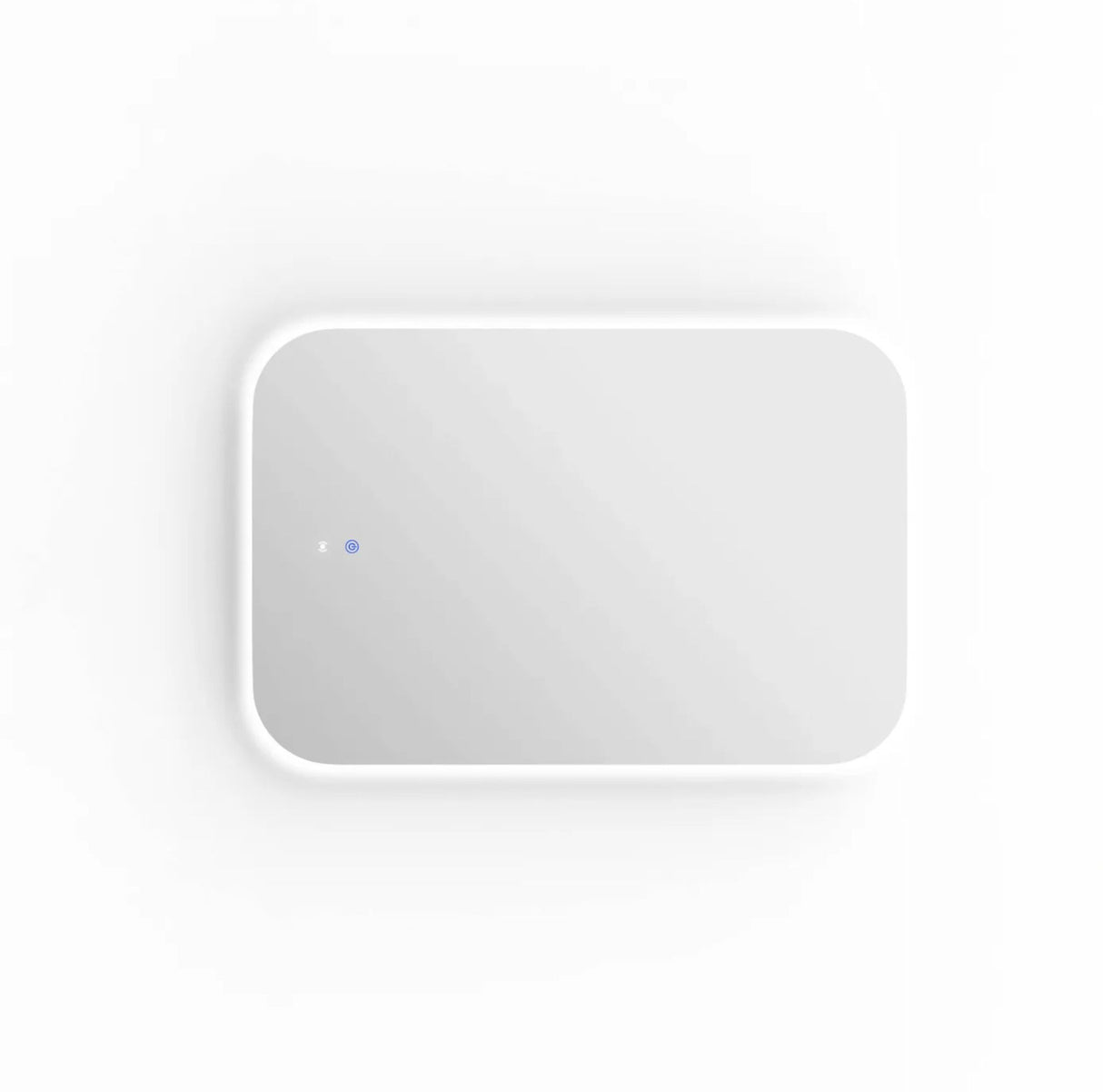 White rectangular device with a blue light on a white background