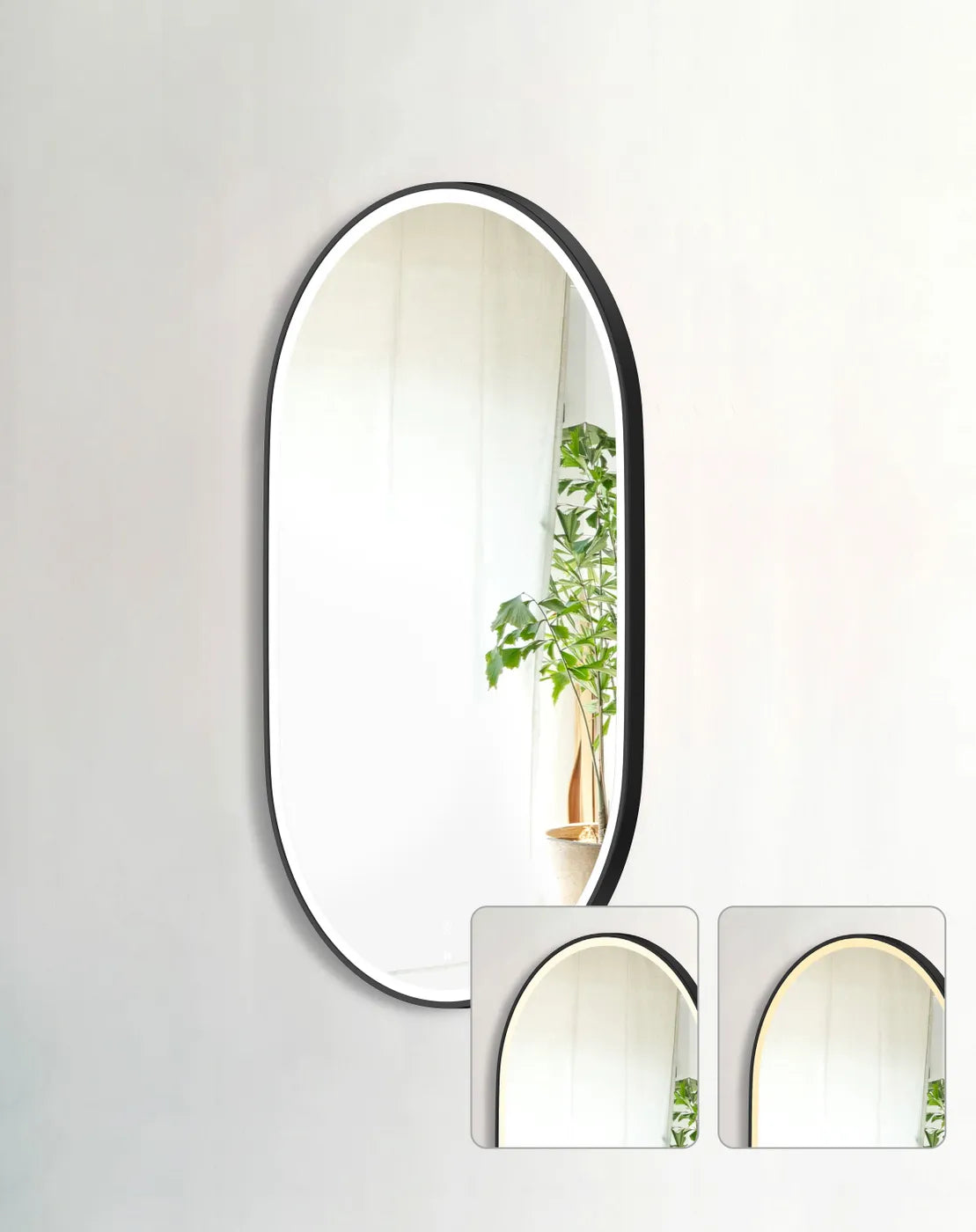 LED Noosa oval mirror (1200x750) with a black metal frame, featuring adjustable warm and cool lighting. The inset images highlight the lighting variations, offering versatile ambiance options for modern interiors.