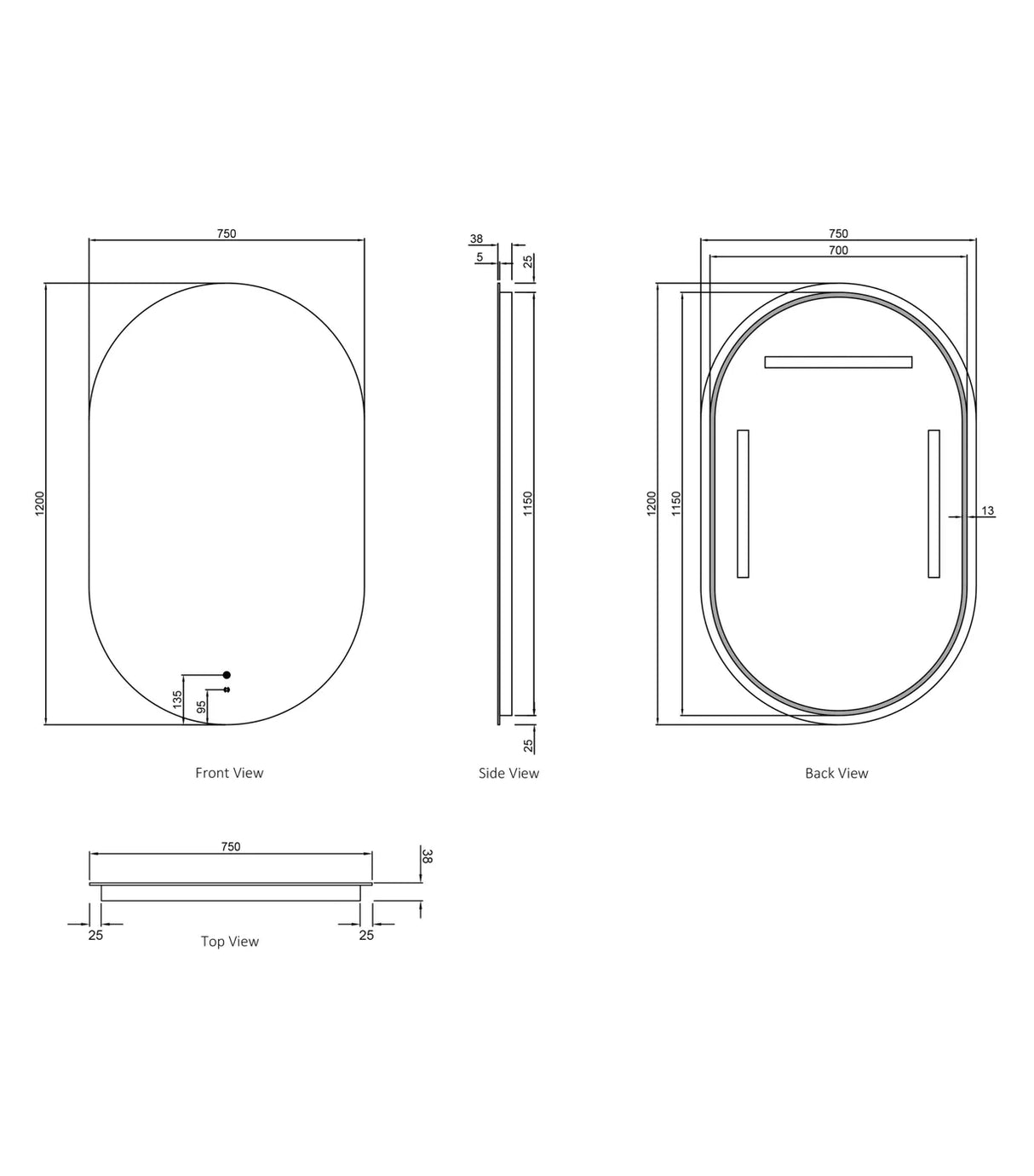 led noosa 1200x750 black metal frame mirror front and back view drawing