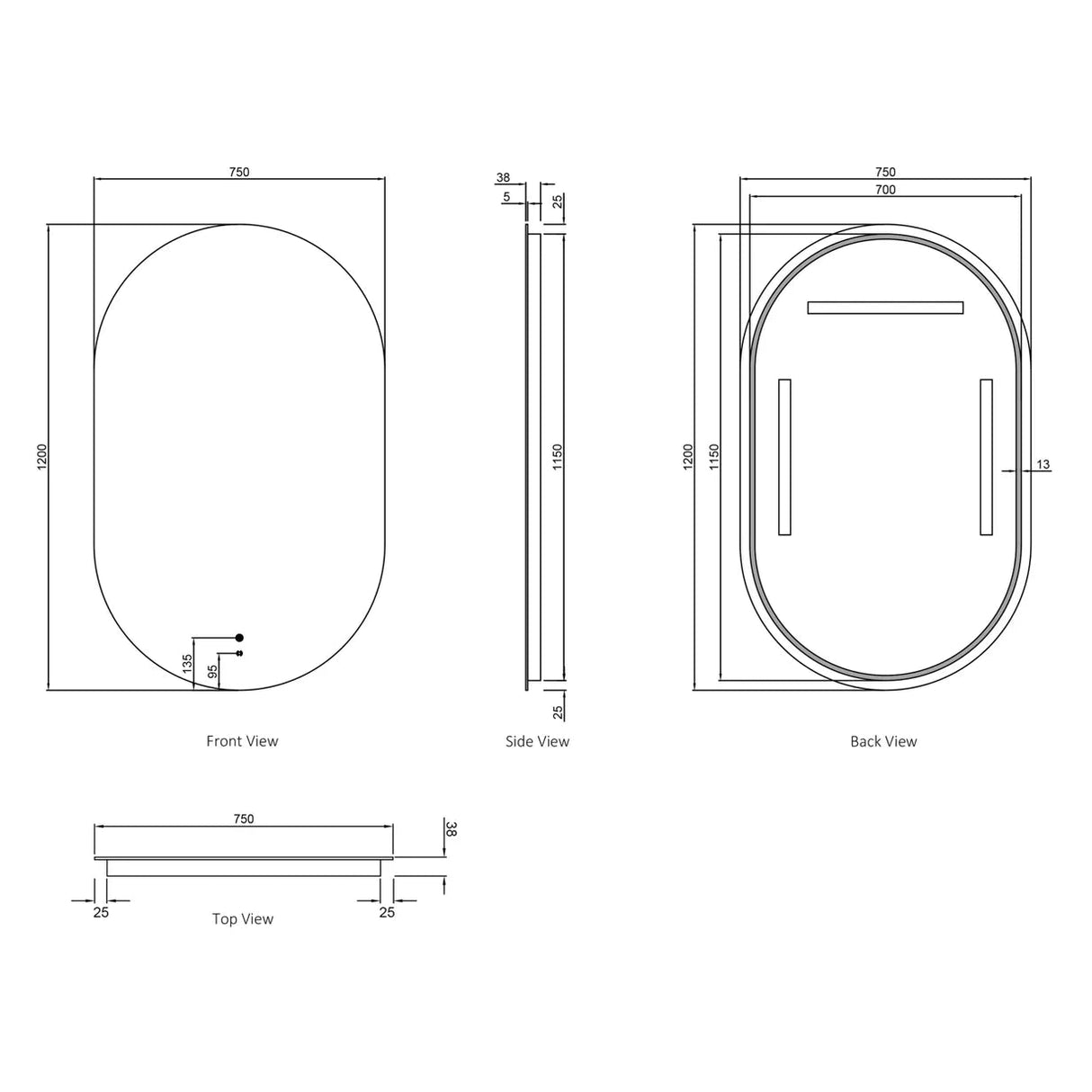 led noosa 1200x750 black metal frame mirror front and back view drawing