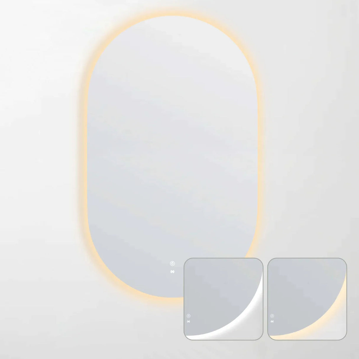 LED Noosa frameless mirror (1200x750) with adjustable warm and cool lighting. Inset images display the lighting variations, highlighting the mirror's versatility for different moods and interiors.