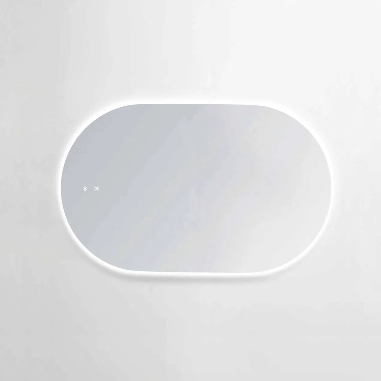 Minimalist LED Noosa frameless oval mirror (1200x750) with soft ambient lighting, mounted against a clean white background. Its sleek, frameless design and touch control features make it perfect for modern bathrooms.