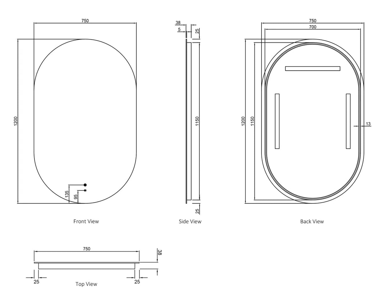 led noosa 1200x750 frameless mirror front and back view drawing