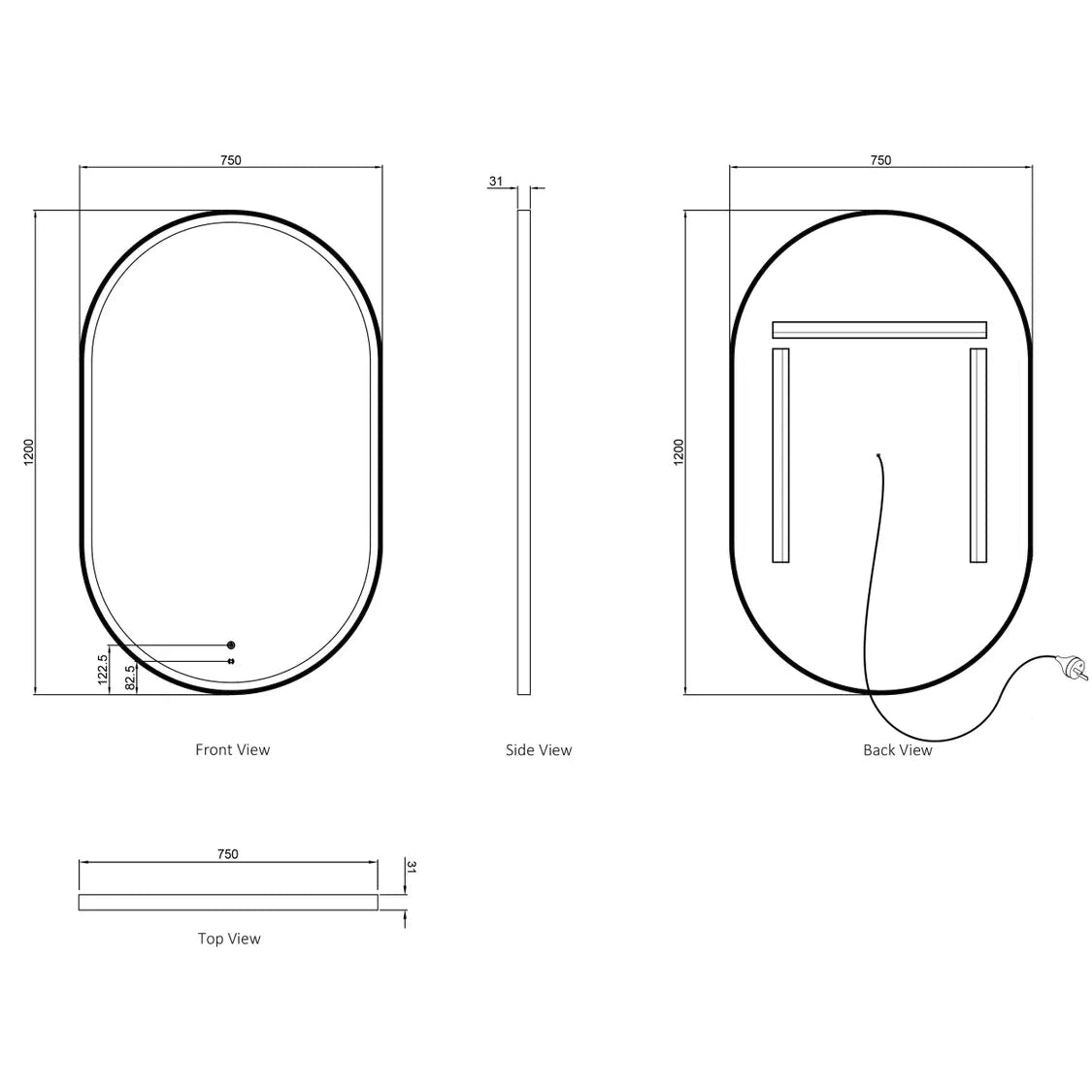 front and back view of led noosa 1200x750 white metal frame mirror drawing