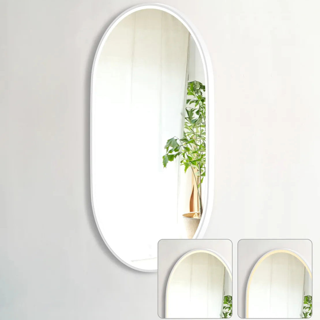LED Noosa oval mirror (1200x750) with a white metal frame, featuring touch controls and adjustable warm and cool lighting. The inset images highlight the lighting variations, emphasizing the mirror's versatility in modern interiors.
