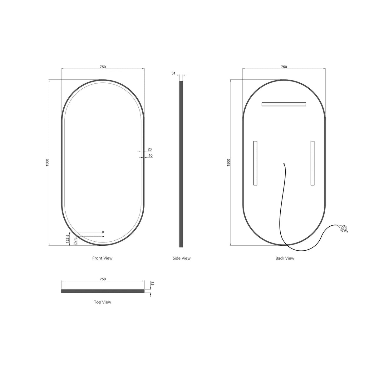 front and back view of led noosa 1500 750 black metal frame mirror drawing