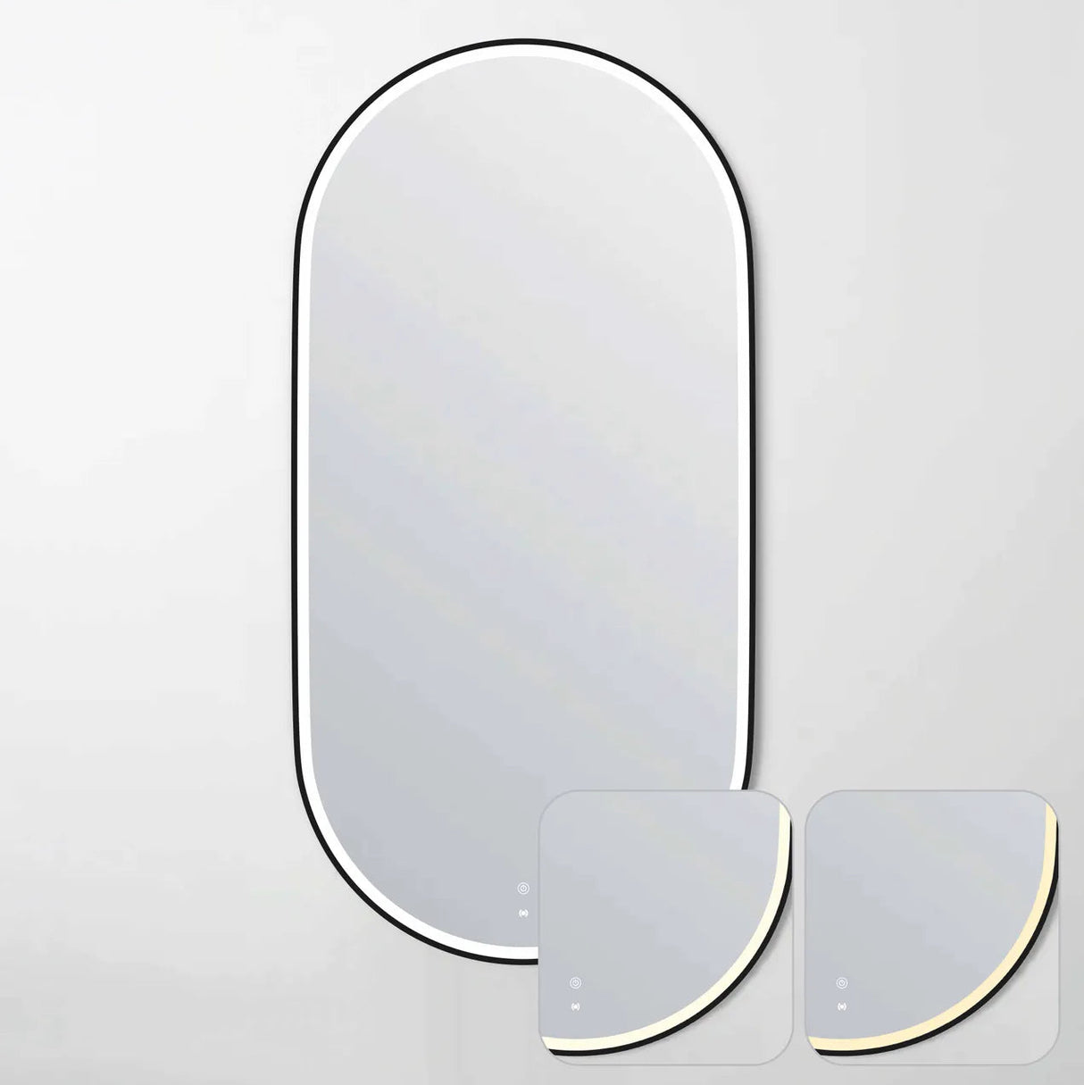 LED Noosa oval mirror with a black metal frame, featuring touch controls and adjustable warm and cool lighting tones. The inset images highlight the mirror's lighting variations and frameless design, making it ideal for versatile bathroom aesthetics.