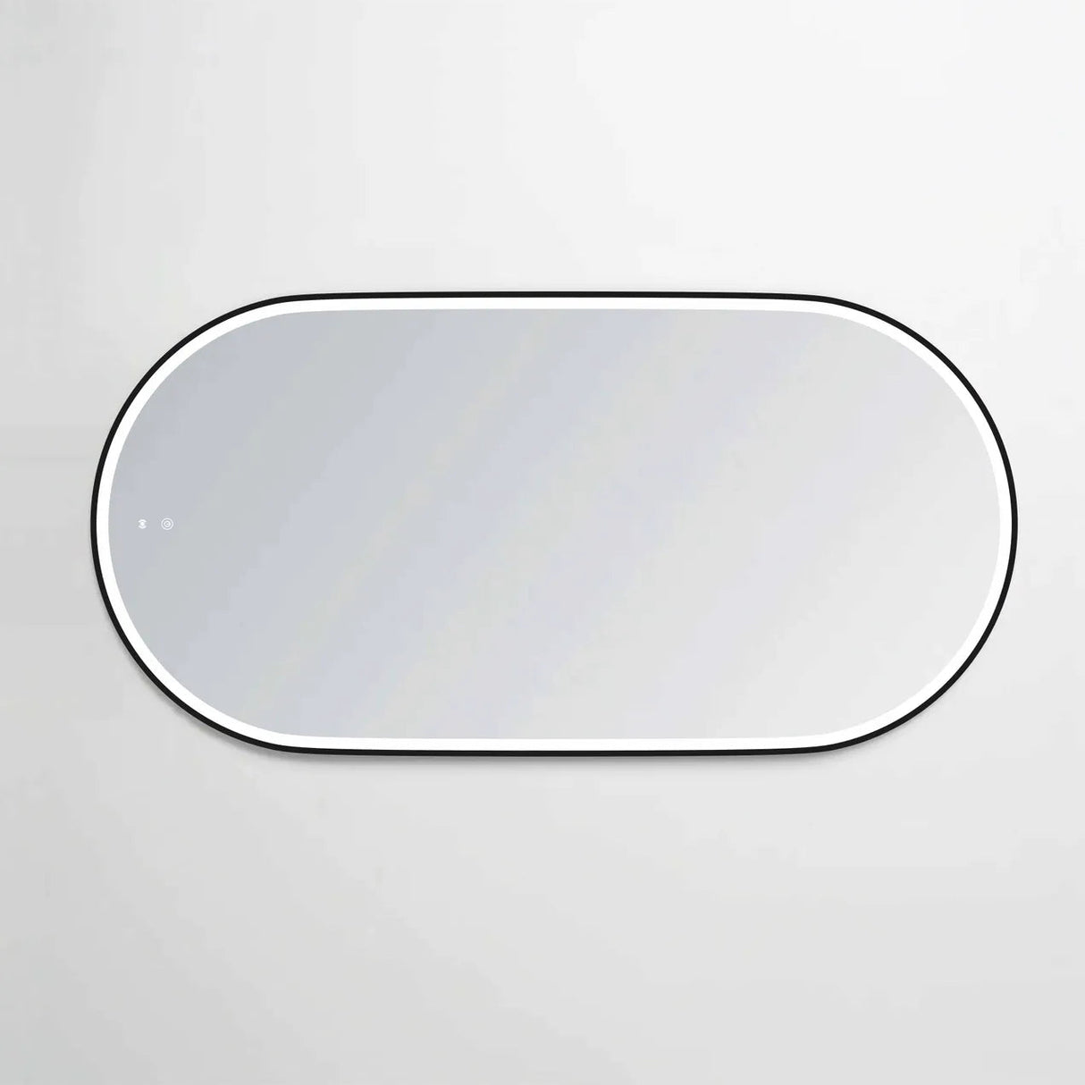 LED Noosa mirror (1500x750) with a black metal frame, displayed against a clean white background. The minimalist design includes touch controls on the mirror surface for adjusting ambient lighting, perfect for modern spaces.