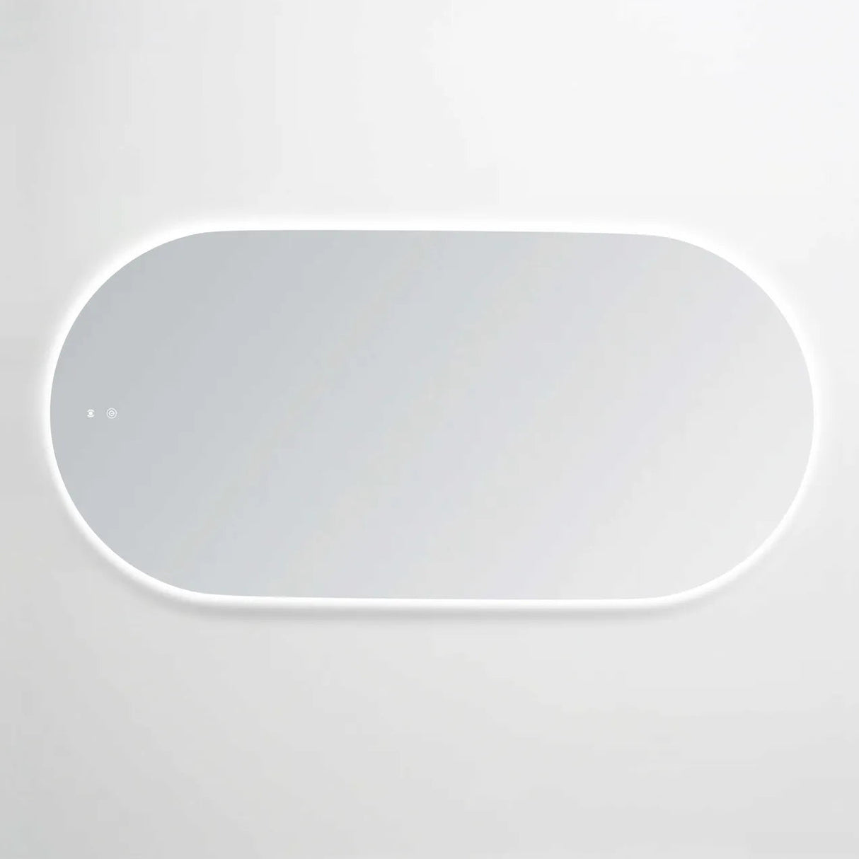 LED Noosa frameless mirror (1500x750) with a sleek oval design and soft backlighting in horizaontal. The mirror includes discreet touch controls at the bottom, blending functionality and elegance for a minimalist aesthetic.