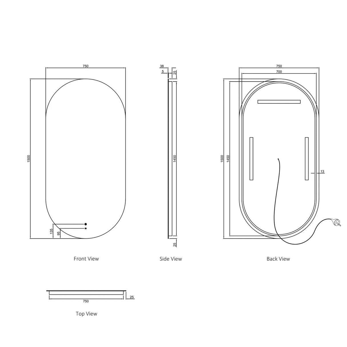 front and back view of led noosa 1500x750 frameless mirror drawing