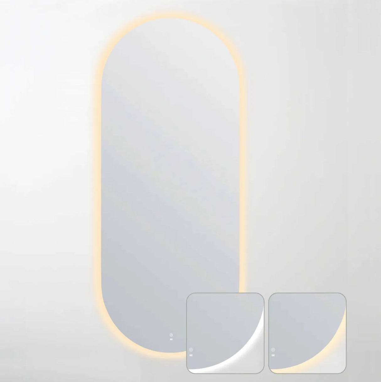 LED frameless mirror with an oval design, featuring soft ambient backlighting in a warm tone. The mirror includes touch controls for brightness and lighting adjustments, as shown in the two inset images highlighting the control features and reflective clarity.