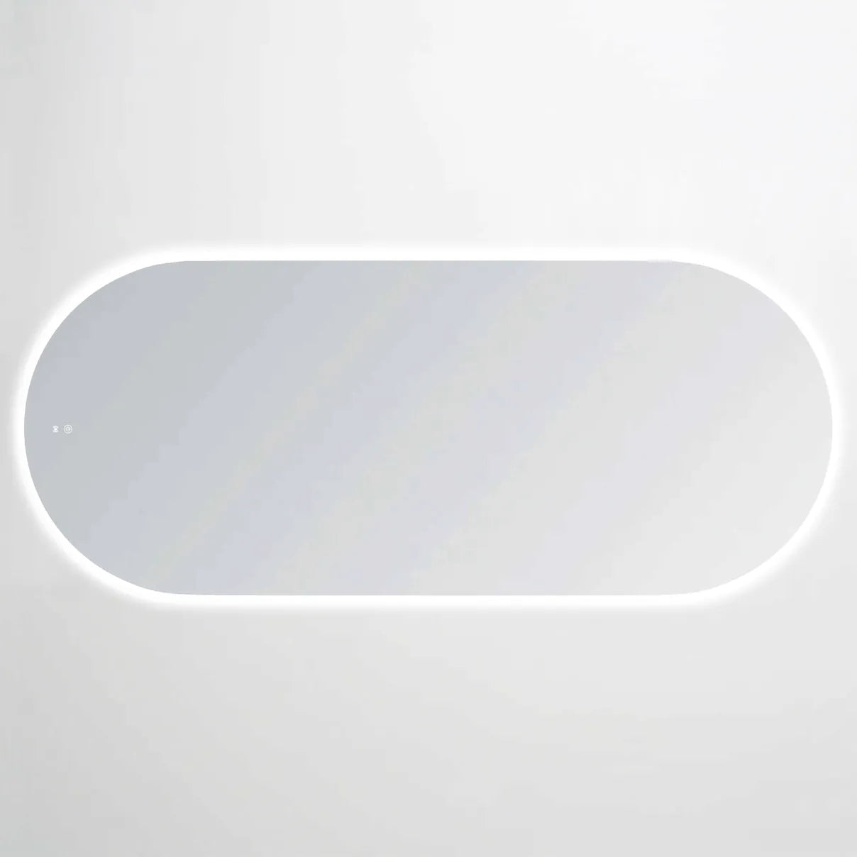 LED frameless mirror with a sleek oval design, featuring soft white ambient backlighting. The minimalist style is enhanced by touch controls discreetly positioned on the mirror surface for seamless operation, ideal for modern interiors.