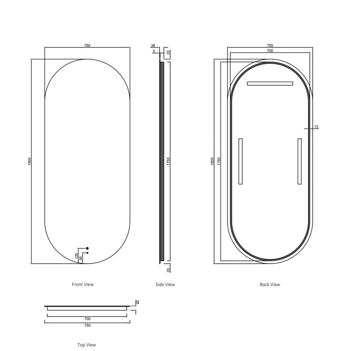 led noose 1800x750 frameless mirror front and back view drawing