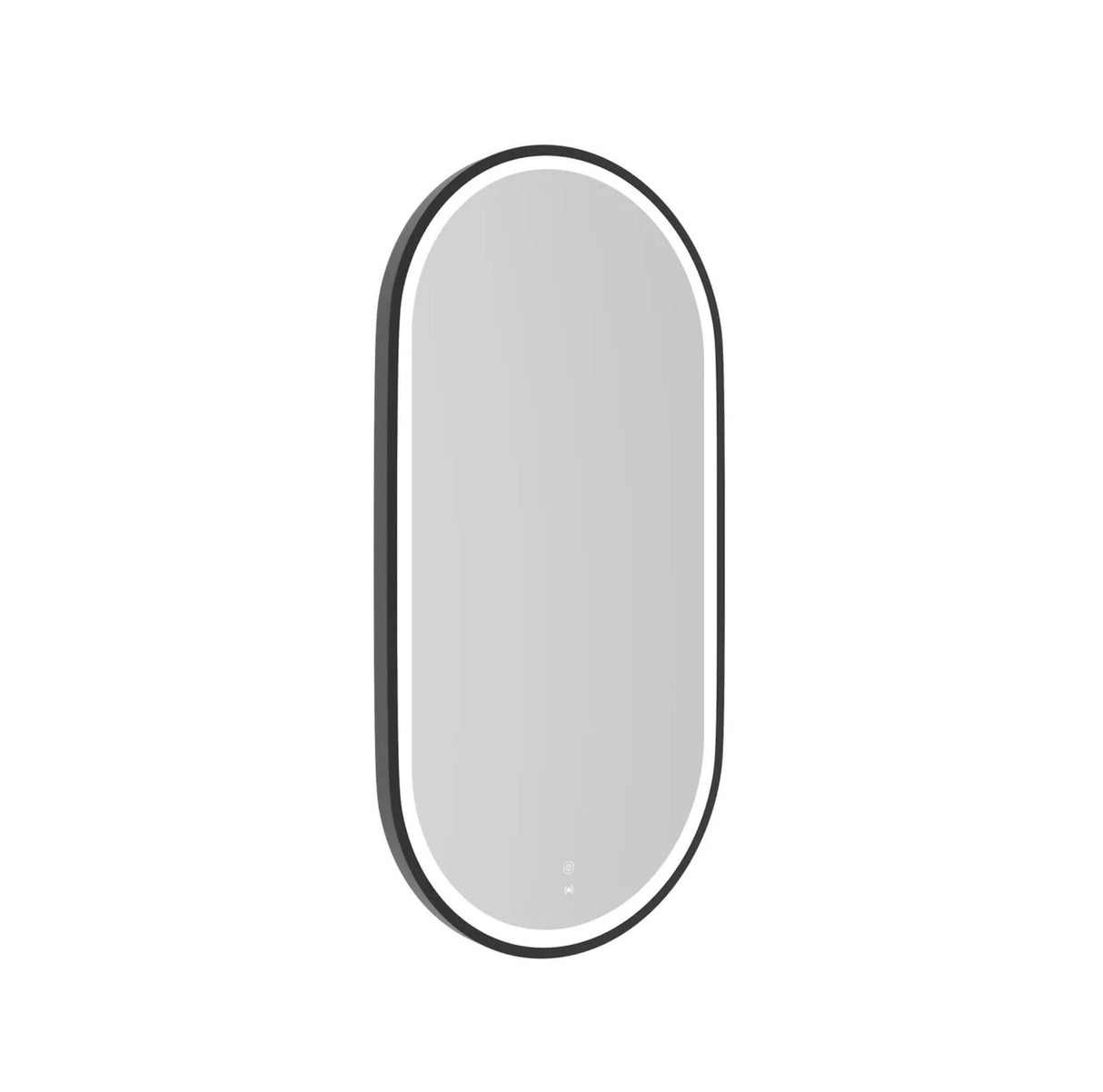Wall-mounted oval mirror with black frame on a white background