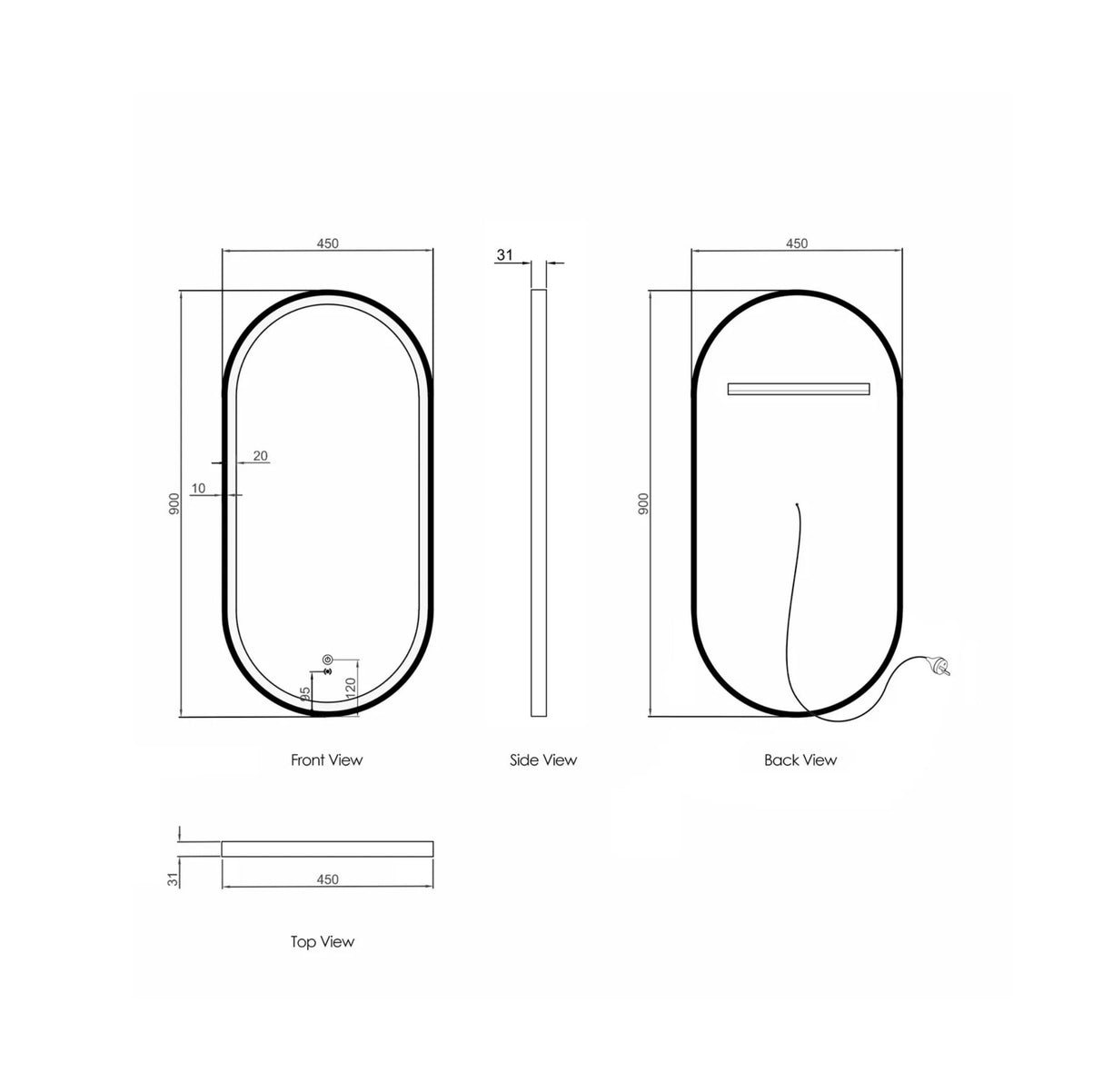 Technical drawing of a oval object with dimensions labeled