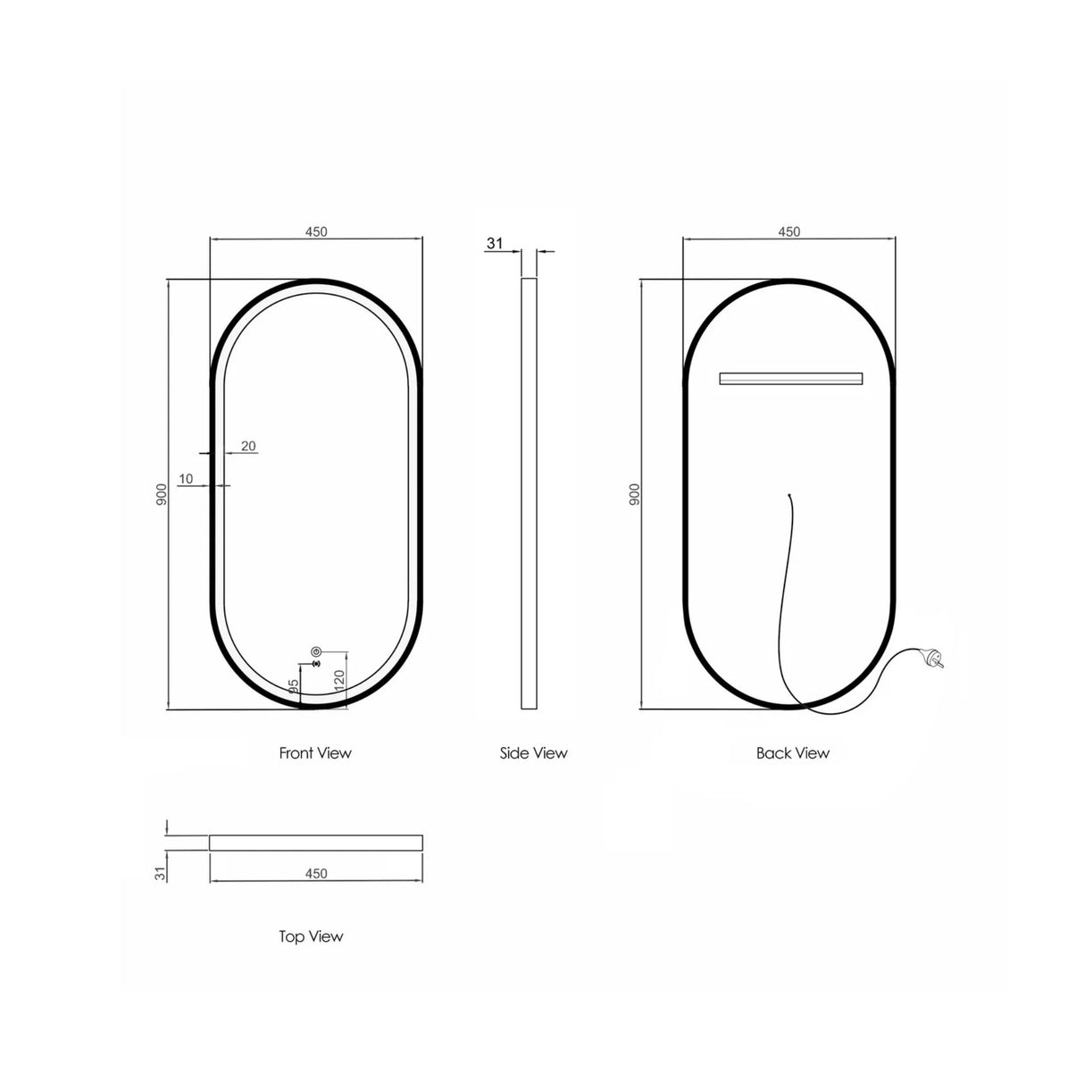 Technical drawing of a oval object with dimensions labeled