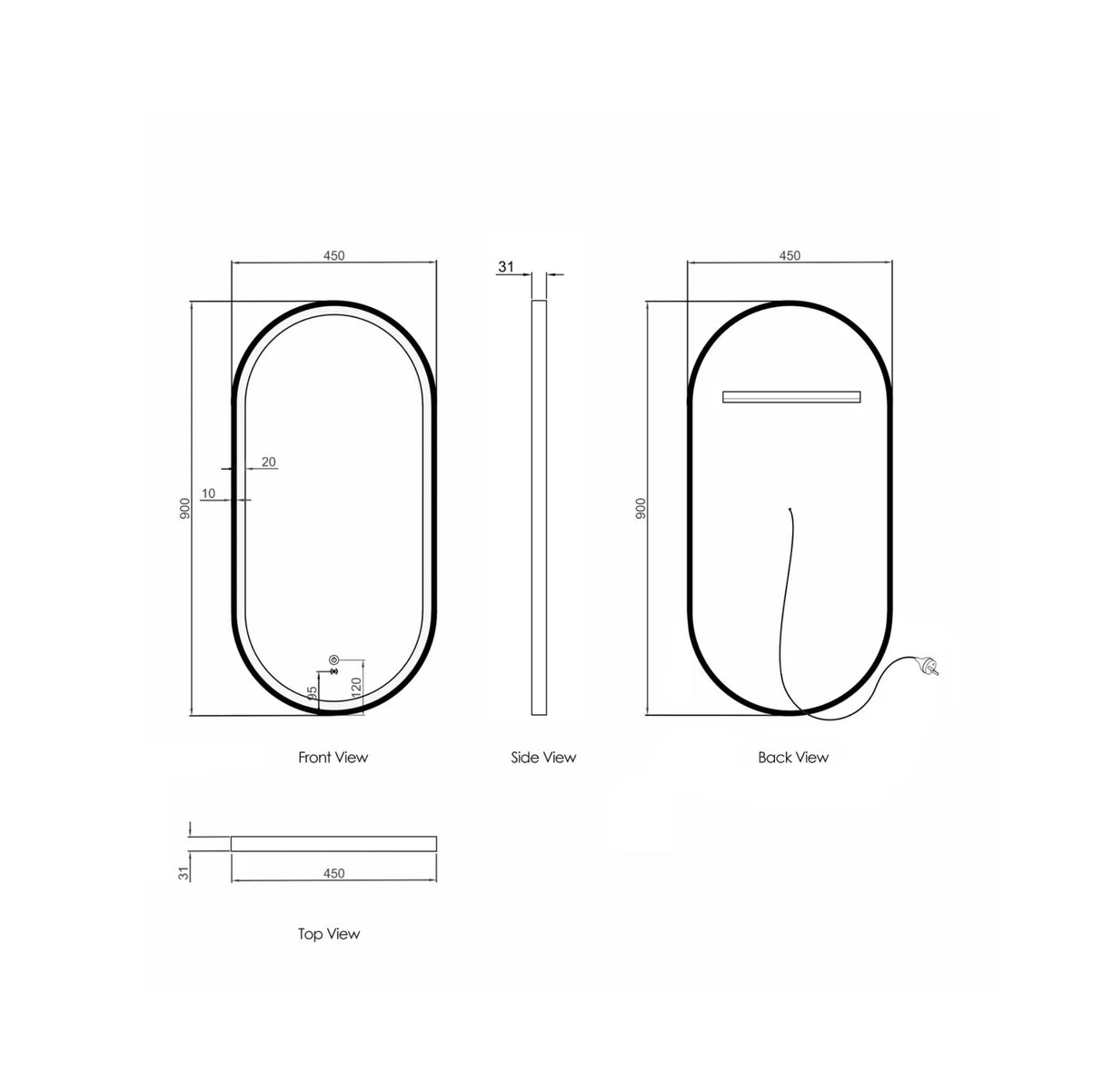 Technical drawing of a oval object with dimensions labeled