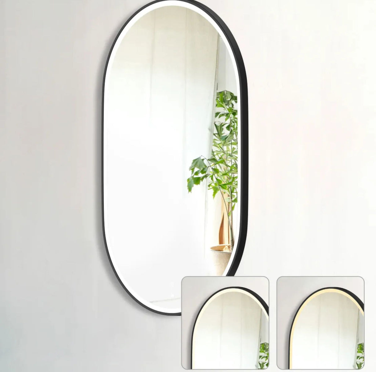 Oval mirror with black frame on a white wall, reflecting a plant.